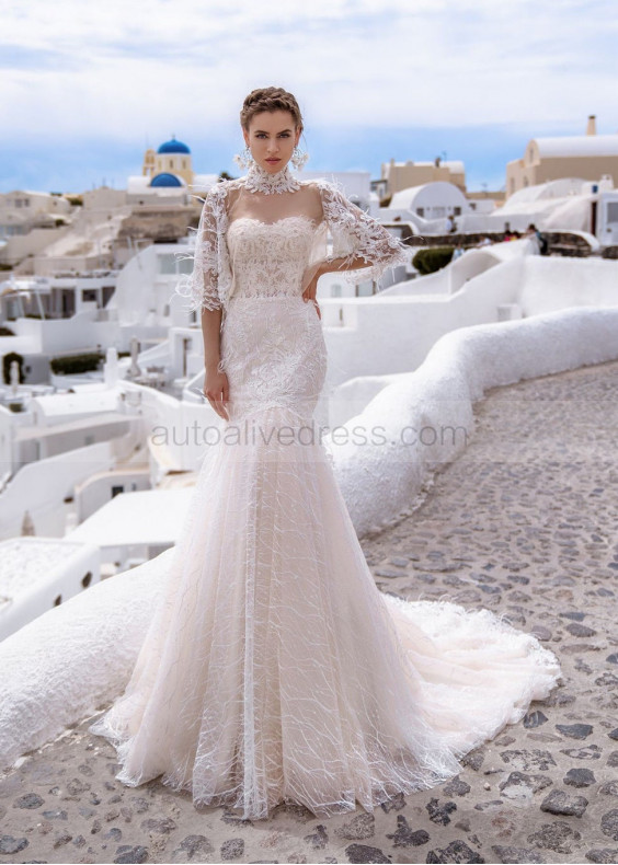 Ivory Lace Strapless Wedding Dress With Cape